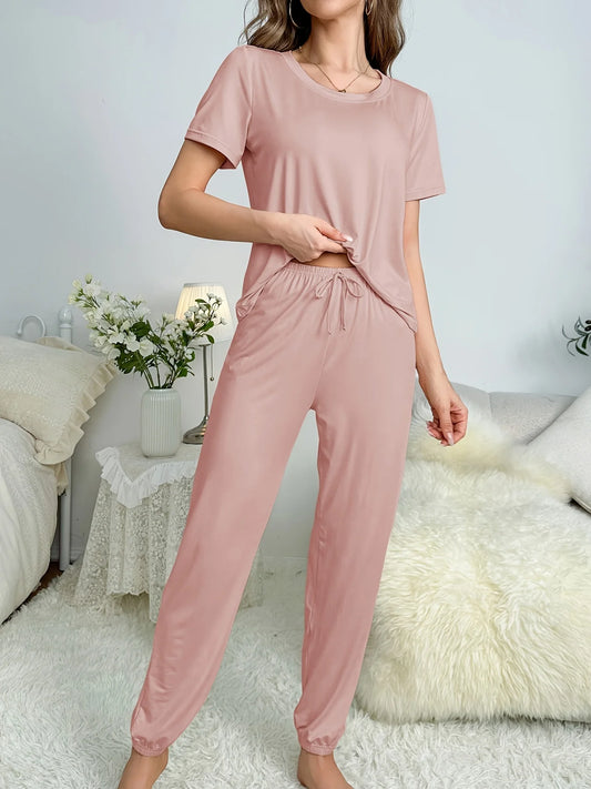 Women's new style pajamas short sleeve trousers elegant casual two-piece solid color home wear